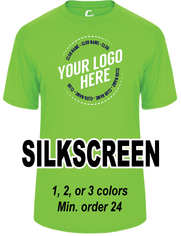 Silkscreen.  1, 2, or 3 colors.  Minimum order 24