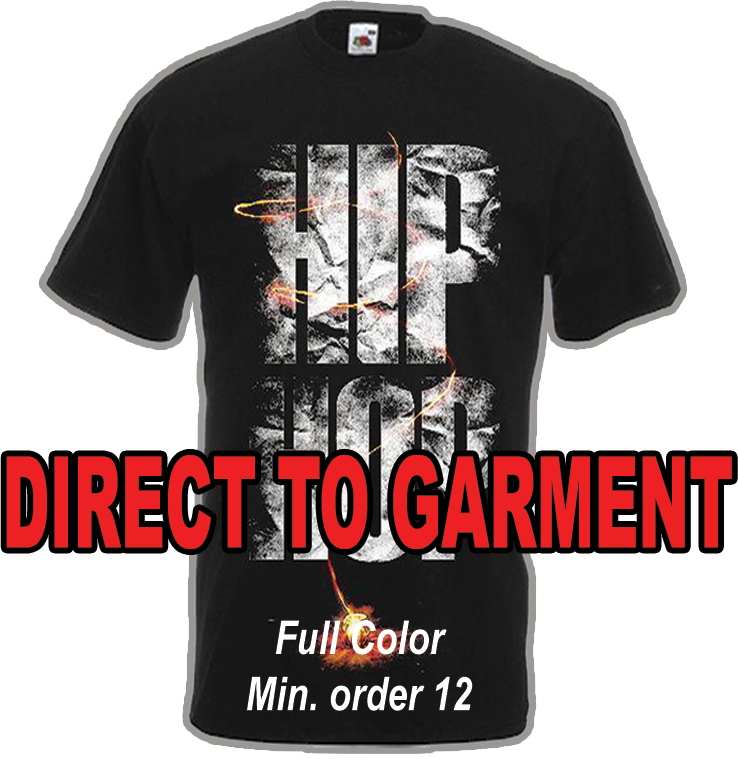 Direct to Garment, full color.  Minimum order 12