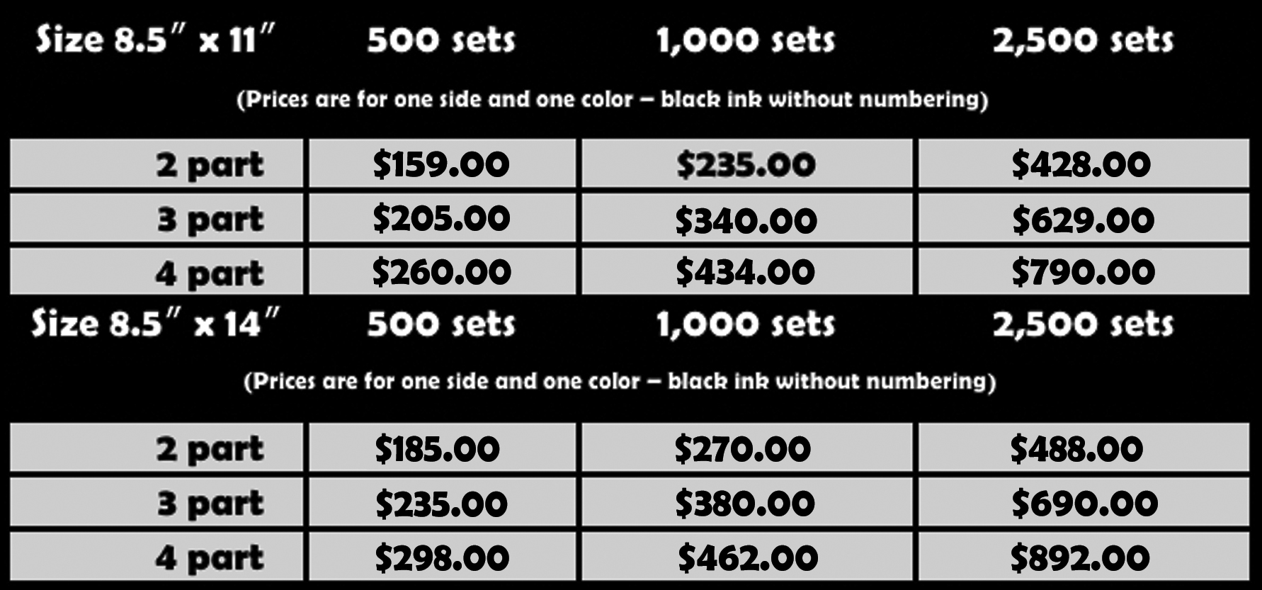NCR form prices for 8.5 by 11 and 8.5 by 14 inch forms, in 2, 3 and 4 part sets. Black ink, one side, without numbering.